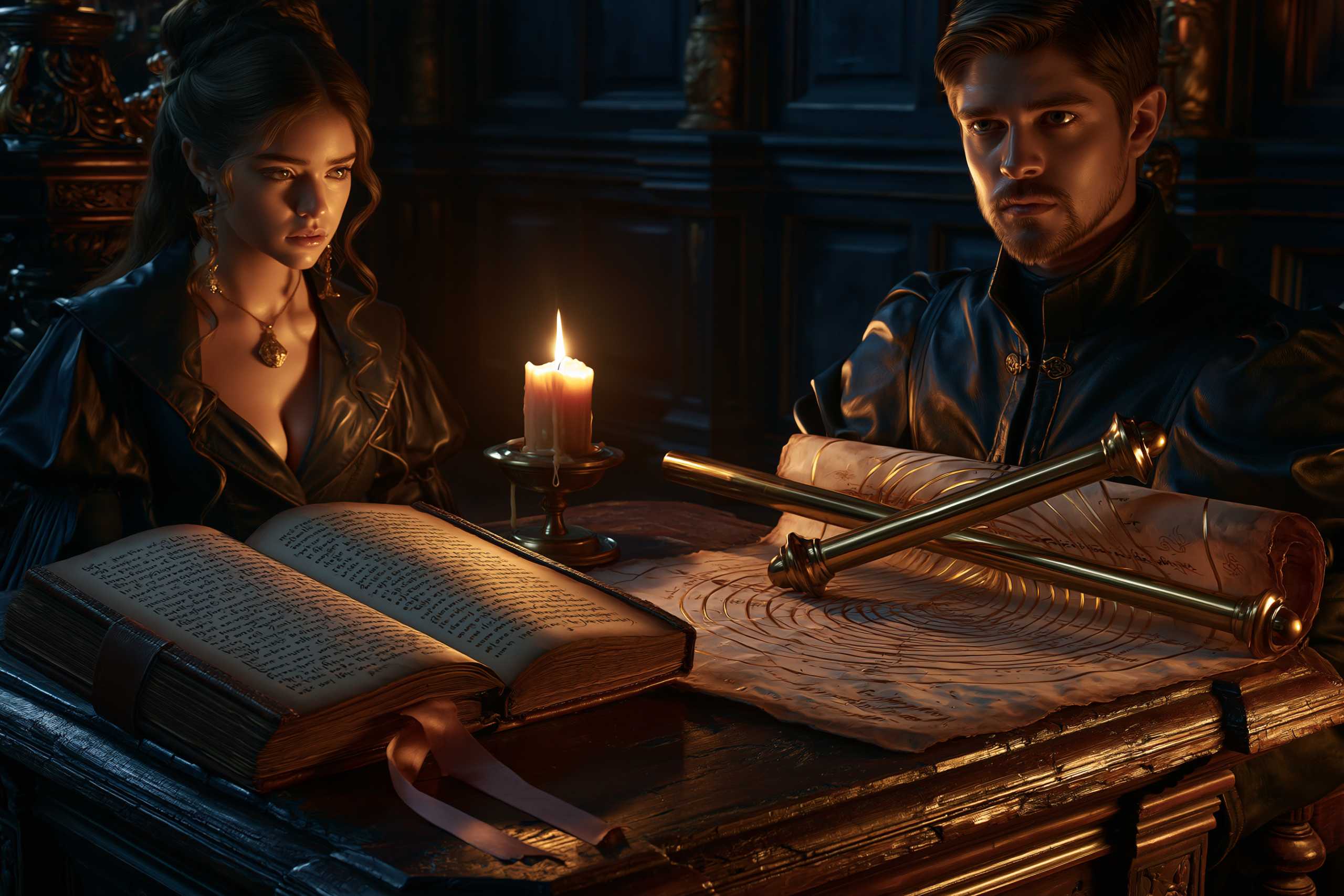 The two offerings — the opening-scene journal and the Vibirons primer, candlelit on a working table